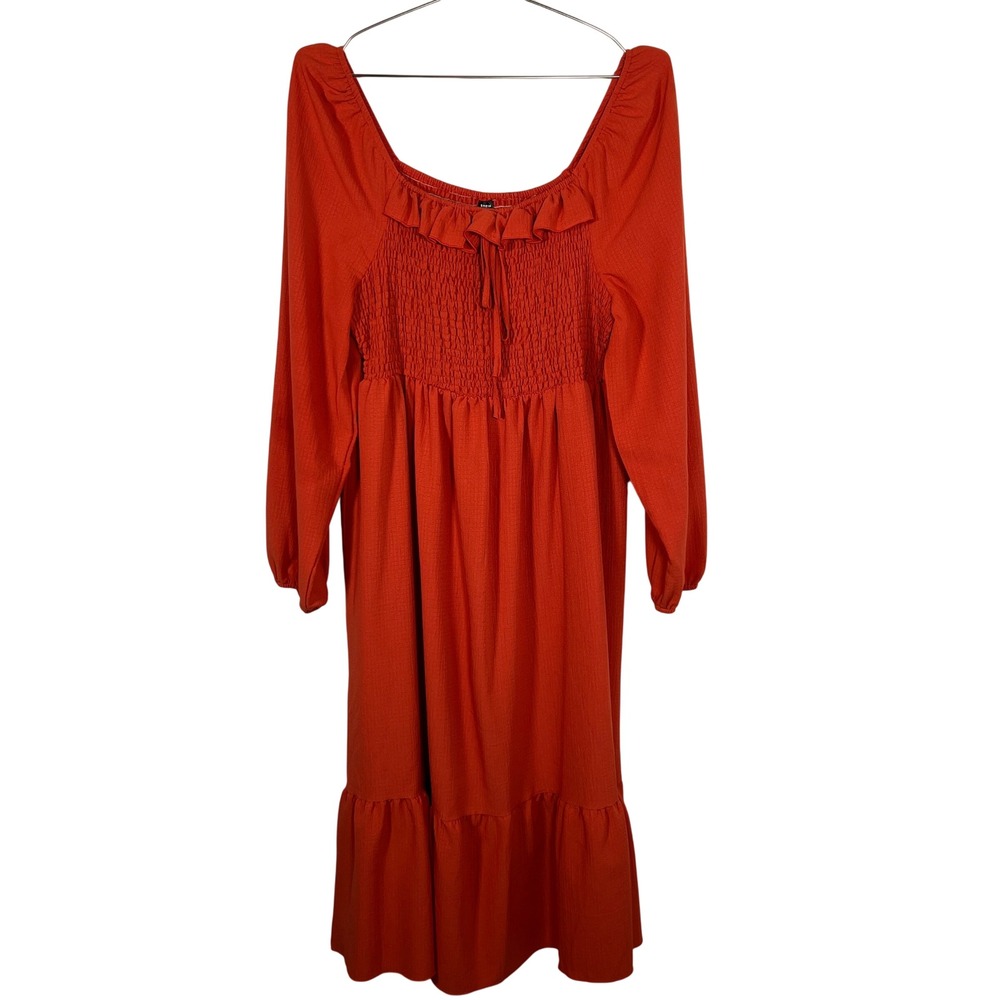 Cottagecore Burnt Orange Midi Dress Smocked Ruffle Tiered Shein Curve 1XL Plus